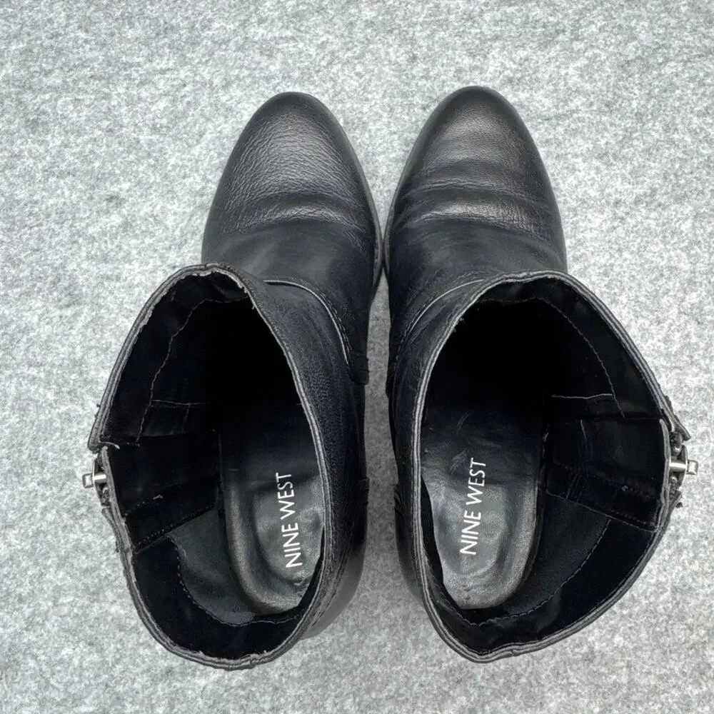 Nine West Black Leather Western Side Zip Ankle Bootie Women 7.5